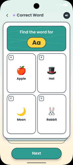 TinyLearn asking the child to find the word for the letter A, with Apple, Hat, Moon and Rabbit to choose from