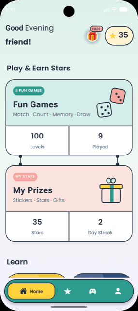 The TinyLearn home screen greeting the child, with Fun Games and My Prizes cards showing levels, stars and day streak
