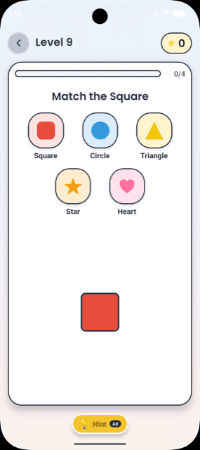 The Match the Shapes mini-game asking the child to match a red square to the labelled shape tiles