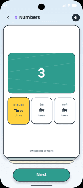 TinyLearn number card for 3, showing Three in English alongside तीन in Hindi and Marathi